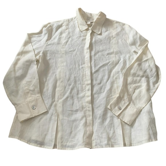 Flax Tops - Flax Linen Button Down Shirt Womens Medium Cream Hidden Placket Coastal Grandma